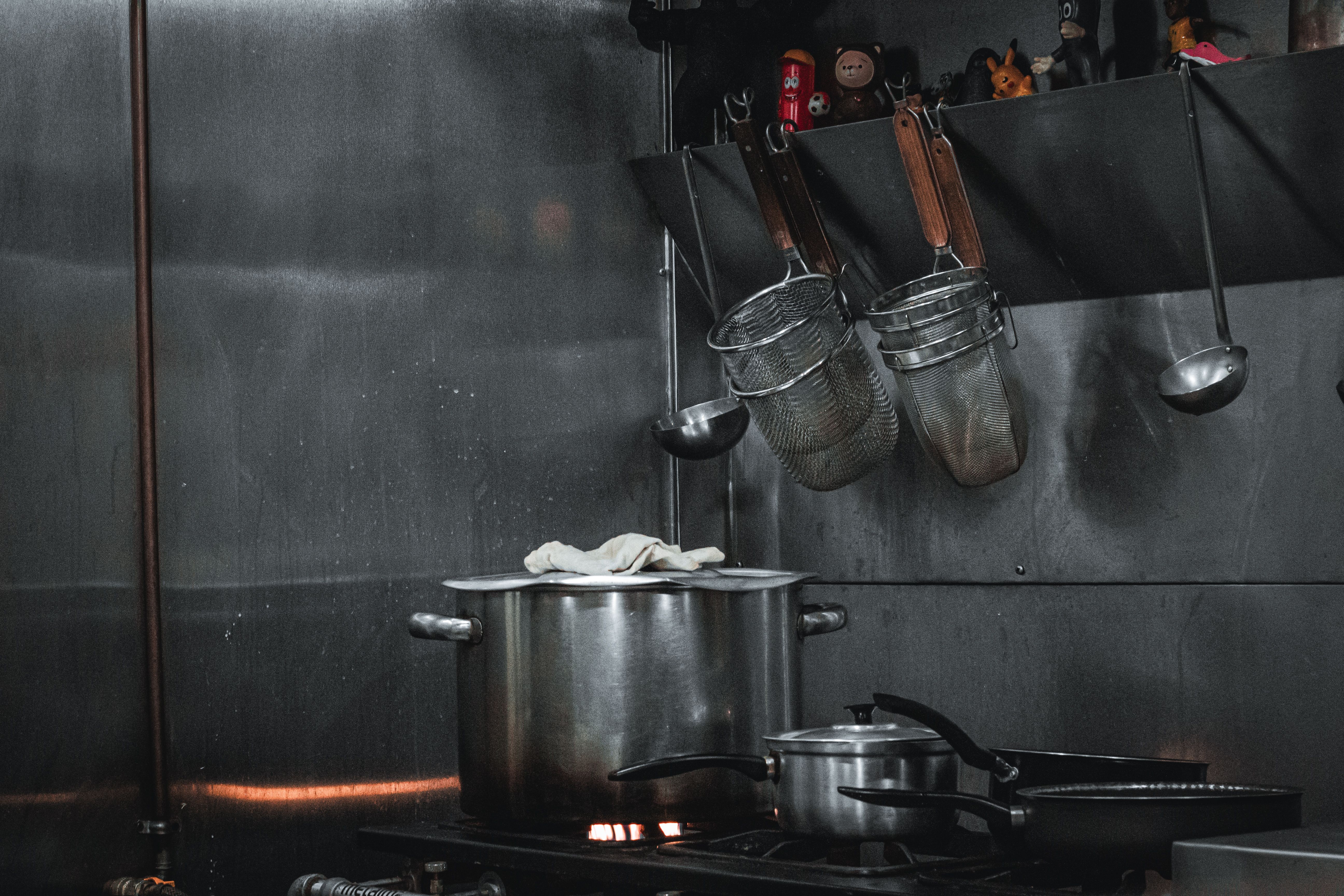 Stainless-steel equipment in a professional kitchen