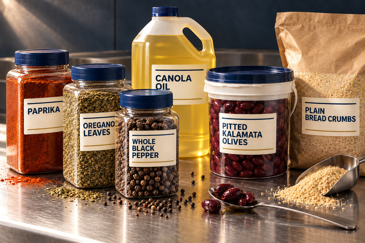 Spices, oils and pantry ingredients in commercial packaging
