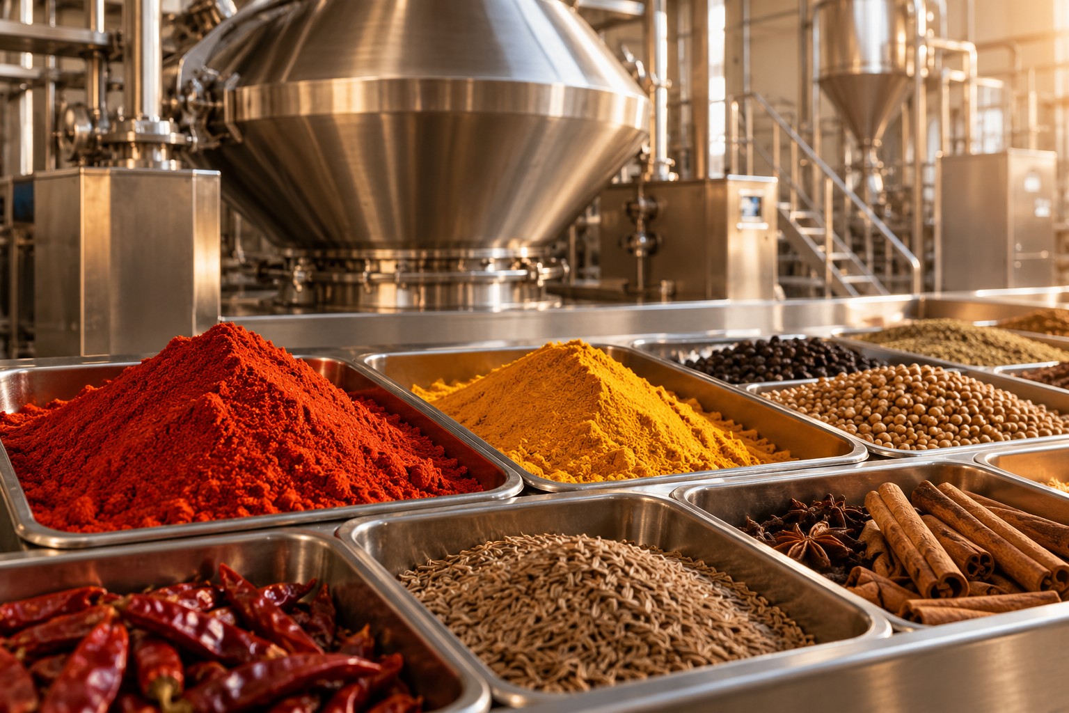 Spice ingredients and stainless equipment, illustrating the manufacturing vision